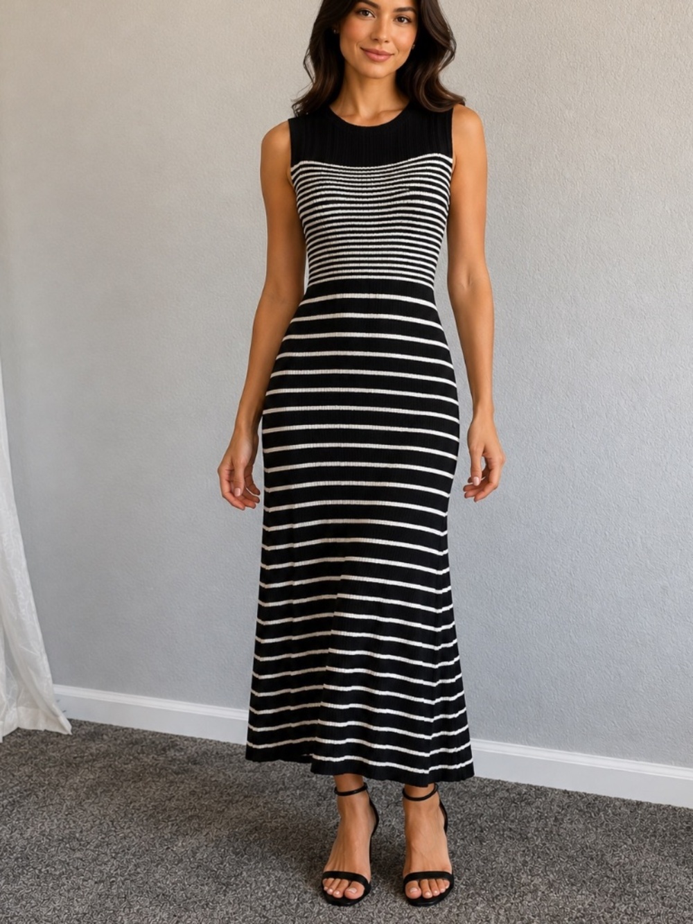 Sleeveless Midi Dress, Black & White striped ribbed knit Size Medium